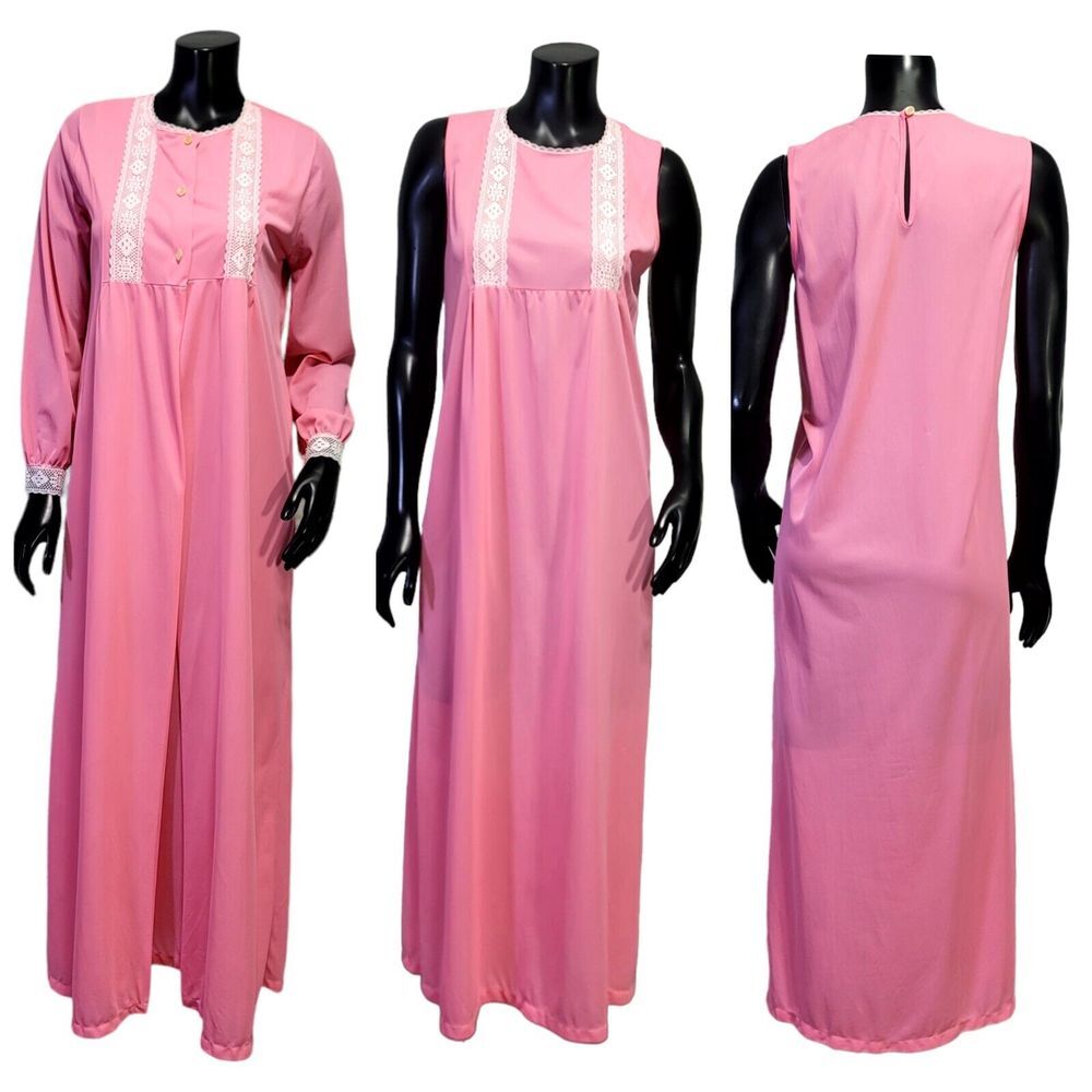 Vintage 80s JCPenney‎ Womens M Pink Peignoir Set Nightgown & Robe Lace Trim